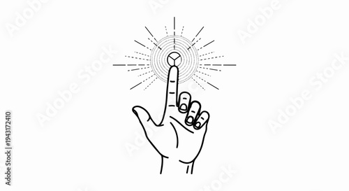 A hand points to a central circular object with radiating lines