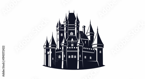 Stylized dark silhouette of a grand, multi-turreted castle against a white background