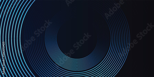 Blue abstract background with glowing circles. Swirl circular lines pattern. Geometric spiral. Twirl element. Modern graphic design. Futuristic technology concept.
