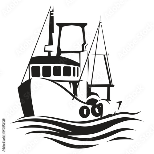 Fishing boat at sea black and white vector illustration waves