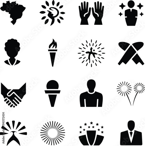 A set of black silhouette icons representing various symbolic concepts and objects