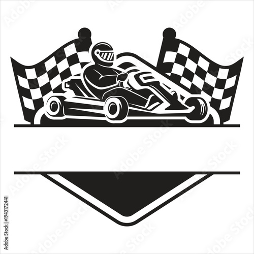 Go kart racer with checkered flags, racing theme graphic