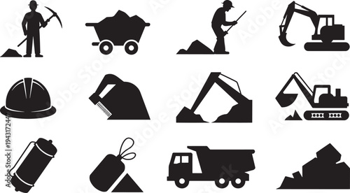 Black and white construction with workers tools and machinery