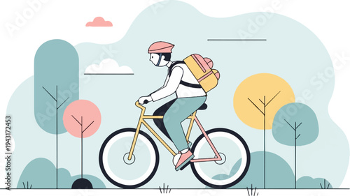 A cyclist with a backpack rides through a stylized, colorful park