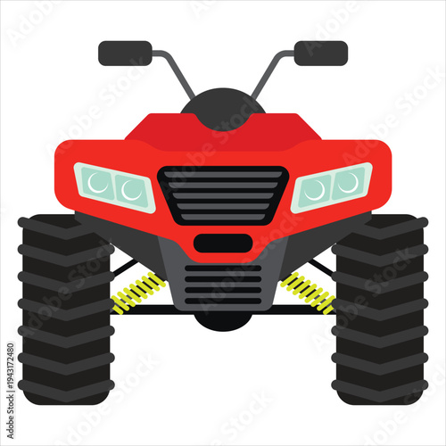 Red all terrain vehicle ATV front view, large tires