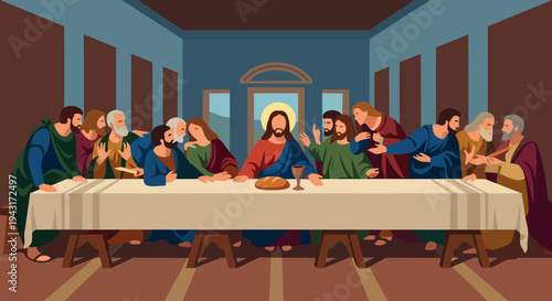 Last Supper

Flat vector illustration of the Last Supper, depicting Jesus seated at a long table with disciples, bread and cup placed in the center, simple interior room background, calm and meaningfu