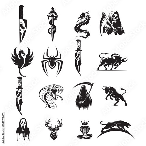 Vector Set of Mythical Creatures, Animals, and Dark Symbols