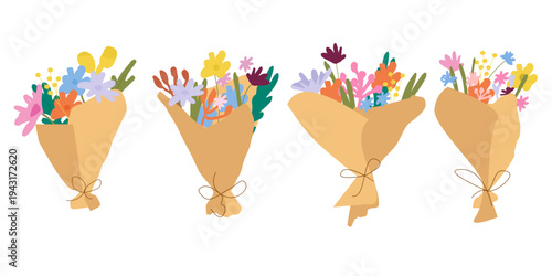 Set of Spring Floral Bouquet, Vector Illustration for Greeting Card