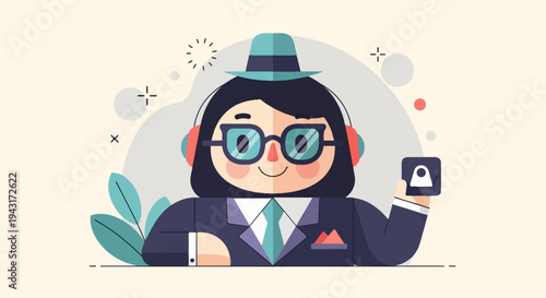 Cartoon individual in suit with headphones and glasses holds padlock icon