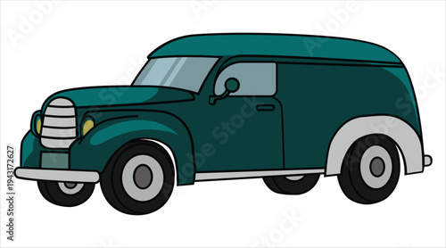 Vintage delivery van in teal with white fenders and trim on white
