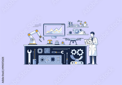 Flat Design Concept Ilustration Modern Robotics and Technology Research Laboratory Scene.
