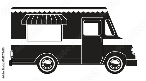 Monochrome ice cream truck side view with serving window awning