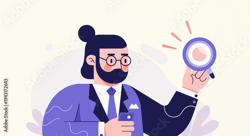 Cartoon man with beard, bun, glasses, holds phone and magnifying glass