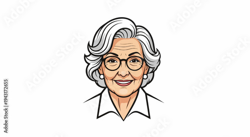 Cheerful elderly woman with gray hair and glasses smiles warmly