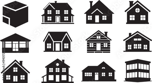 Black and white house in various architectural styles on white background architecture
