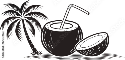  An artistic illustration captures the essence of a tropical getaway, featuring a refreshing coconut drink and palm tree. 
