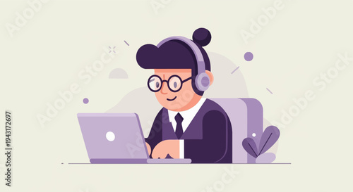 Cheerful person wearing headphones and glasses works on laptop