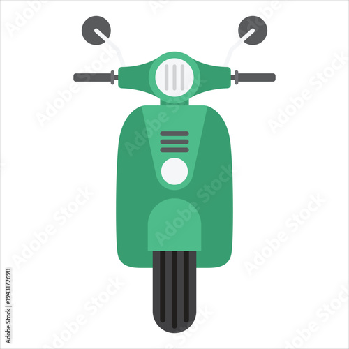 Green scooter front view with headlights and handlebars
