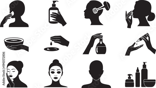 Black and white of beauty and skincare routines with various tools and products