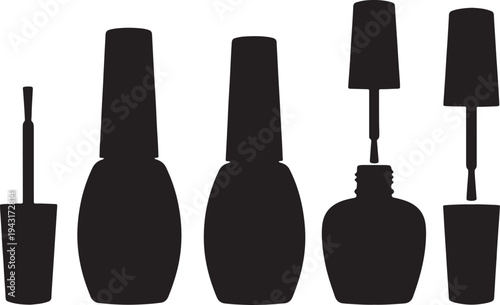 Silhouette of black nail polish bottles and brush with different shapes also transparent background nail brush