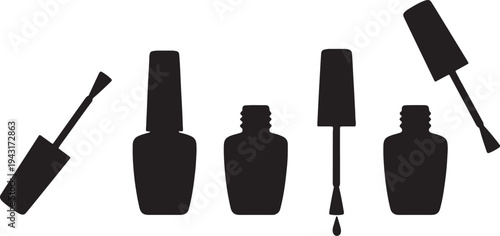 Silhouettes of nail polish bottles and applicator brushes in black also transparent background