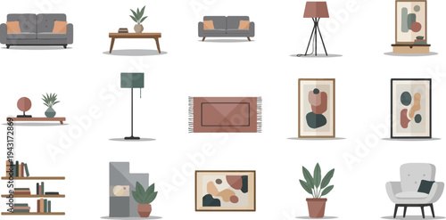 Collection of modern minimalist furniture and decor items for home