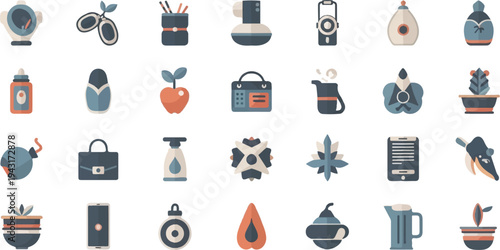 Collection of small, flat-design icons depicting various objects and symbols
