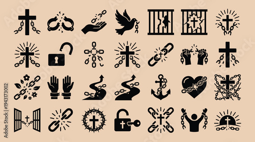 Set of black silhouettes representing freedom and religion on beige background