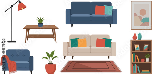 Cozy living room furniture ensemble with floor lamp, couches, armchair, coffee table, rug, and bookshelf