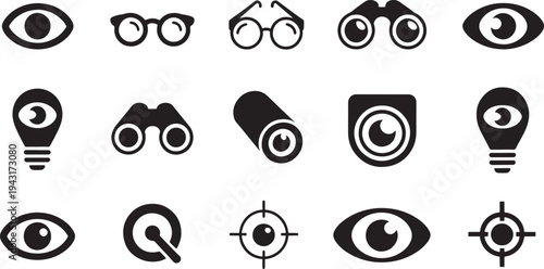 Black and white of eyes and optical devices in a grid layout glasses binoculars