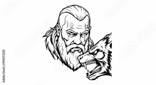 Fierce Viking warrior confronts a snarling wolf head with bared teeth