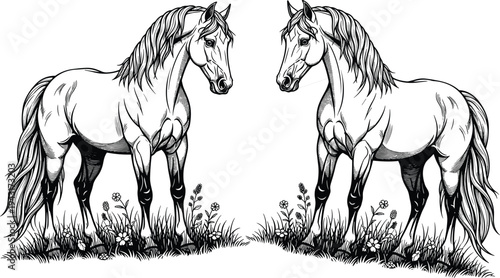 Vintage engraved horses facing each other in meadow grass detailed equine pair illustration symmetrical black and white vector artwork