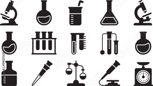 Black and white of laboratory equipment and scientific tools microscope beaker flask
