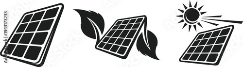 Solar panel vector icons with sun and leaves on white background