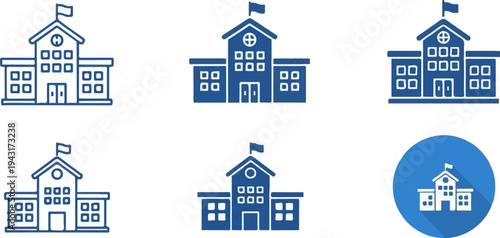 Five blue icon representations of educational buildings, including a circular one