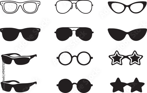 : Glasses set with retro and modern frames including wayfarer aviator cat eye sport and round novelty styles line art and, silhouette vector