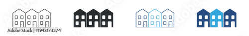 Townhouse icon set, residential townhouse buildings icon. Urban housing real estate concept. Modern neighborhood property symbol. Vector illustration.