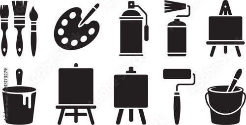 Black and white of painting tools and supplies including brushes, palette, spray cans, and easels