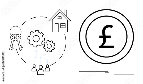 House, keys, gears, people, and pound coin signify property investment, real estate market, financial growth, and teamwork. Ideal for housing finance economics planning wealth strategy simple