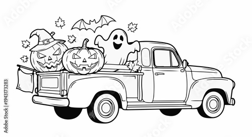 A vintage truck filled with Halloween characters and autumn leaves