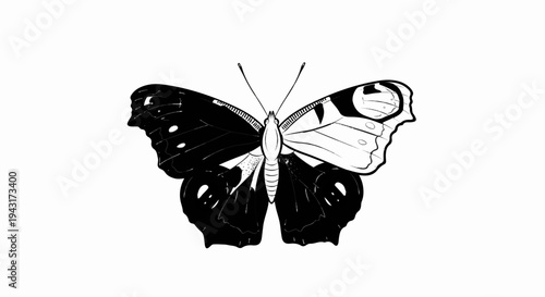 Intricate black and white illustration of a butterfly with detailed wing patterns