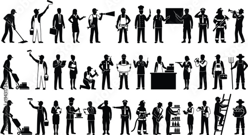 Different profession workers silhouettes collection construction teacher police chef painter cleaner farmer musician occupation people set isolated vector illustration