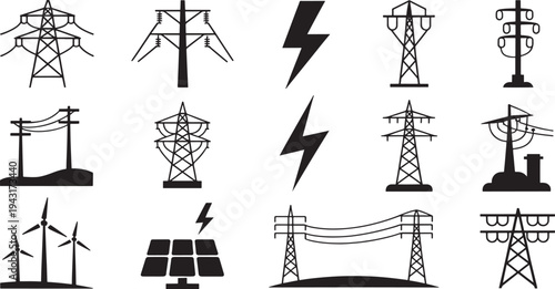 Black and white of power lines, wind turbines, solar panels, and lightning bolts