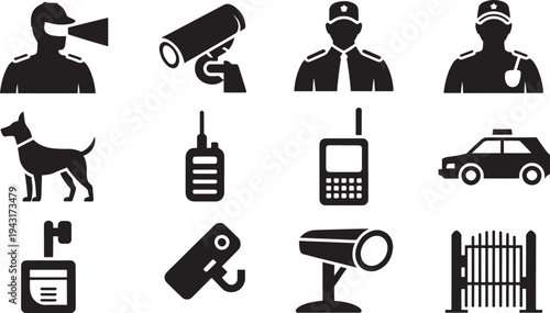Black and white of police equipment and personnel security surveillance