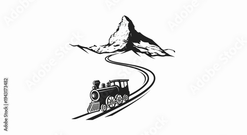Stylized black and white illustration of a steam train ascending a winding track towards a mountain