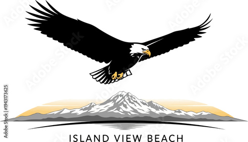 A majestic bald eagle flies above snow-capped mountains and a sunlit horizon