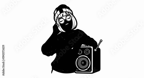 A stylized graphic of a person wearing a beanie and glasses listening to music