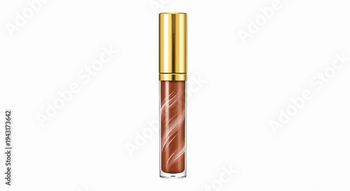 A shiny metallic gold-capped tube with brown glossy liquid and white swirls