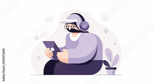 Person wearing headphones and cap using a tablet with a plant