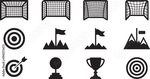 Black and white of sports and adventure symbols including goals, targets, mountains, and trophies